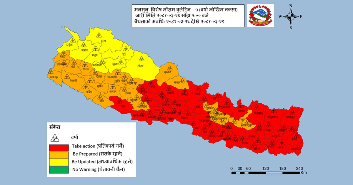 तीन दिन ४३ जिल्लामा भारी वर्षाको सम्भावना, केहीमा 'अति भारी वर्षा' हुन सक्ने